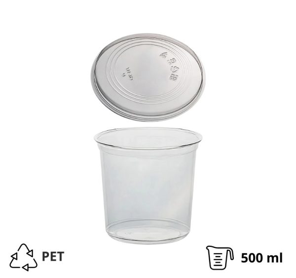 Posodica PET 500ml DELI d=117mm, h=75mm prozorna, s pokrovom, 50 kos (komplet)