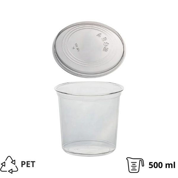 Posodica PET 500ml DELI d=117mm, h=75mm prozorna, s pokrovom, 50 kos (komplet)