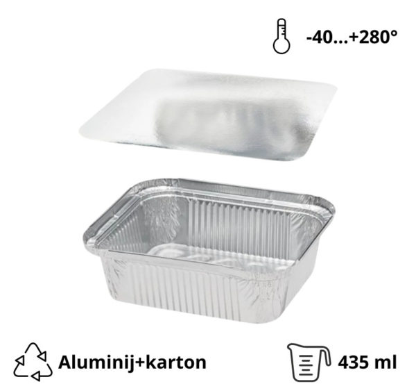 Alu posodica s pokrovom 435 ml 146x121x40 mm 100 kos (komplet)