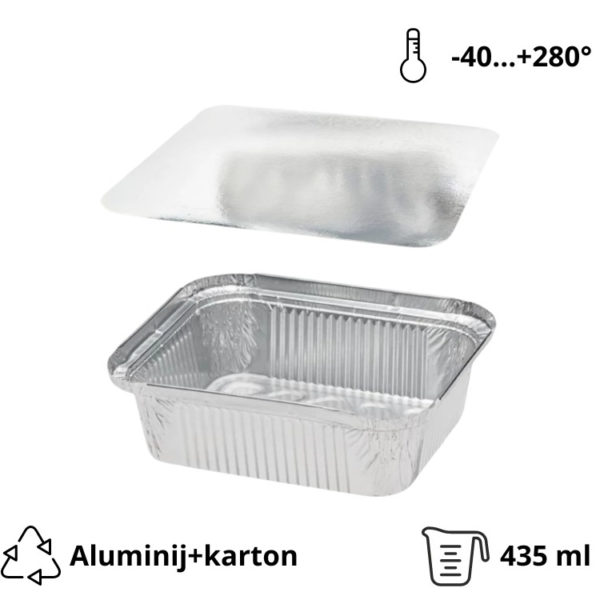 Alu posodica s pokrovom 435 ml 146x121x40 mm 100 kos (komplet)