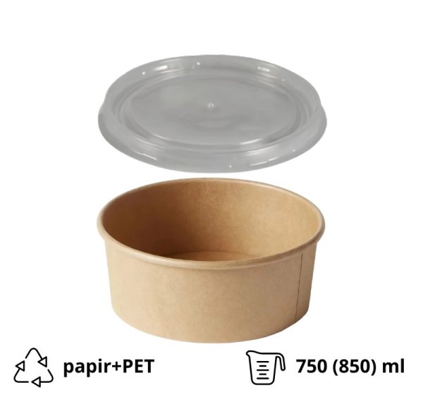 Papirnata posoda 750 (850) ml d=145 mm h=70 mm, kraft, s pokrovom 50 kos (komplet)