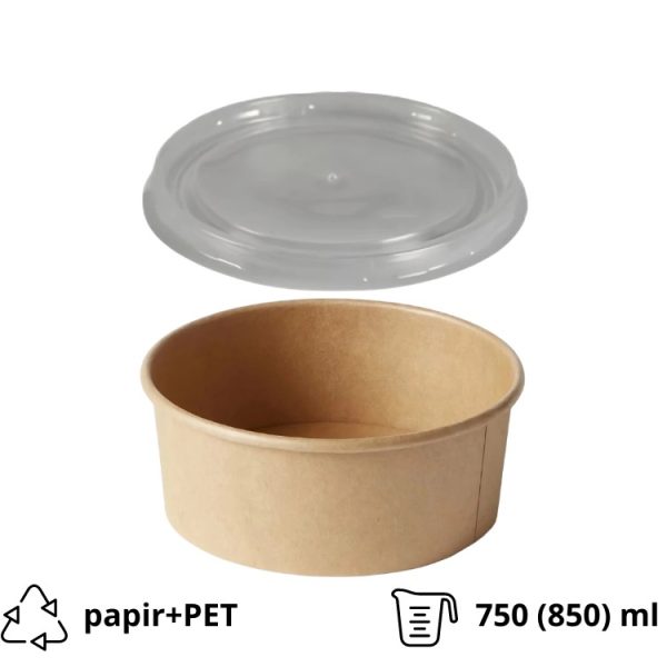 Papirnata posoda 750 (850) ml d=145 mm h=70 mm, kraft, s pokrovom 50 kos (komplet)