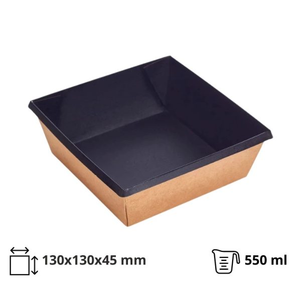 Papirnata posoda OneClick 550 ml 130x130x45mm, kraft/črna, brez pokrova 50 kos