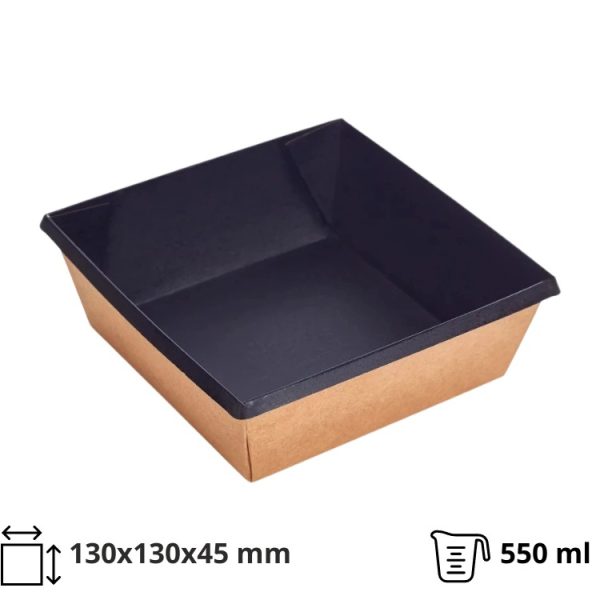 Papirnata posoda OneClick 550 ml 130x130x45mm, kraft/črna, brez pokrova 50 kos