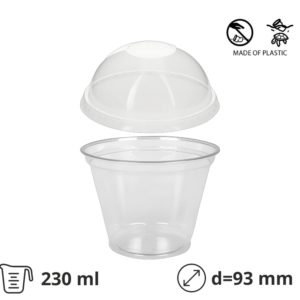 Kozarec PET s pokrovom 230 (270) ml d=93 mm prozore, komplet, 100 kos