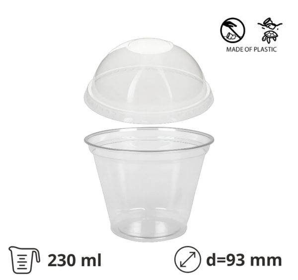 Kozarec PET s pokrovom 230 (270) ml d=93 mm prozore, komplet, 100 kos