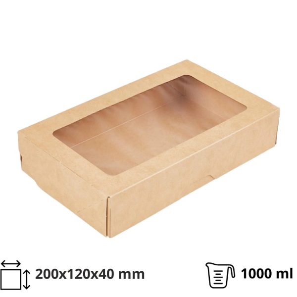 Papirnata posoda z oknom OneBox 1000 ml 200x120x40 mm kraft 25 kos
