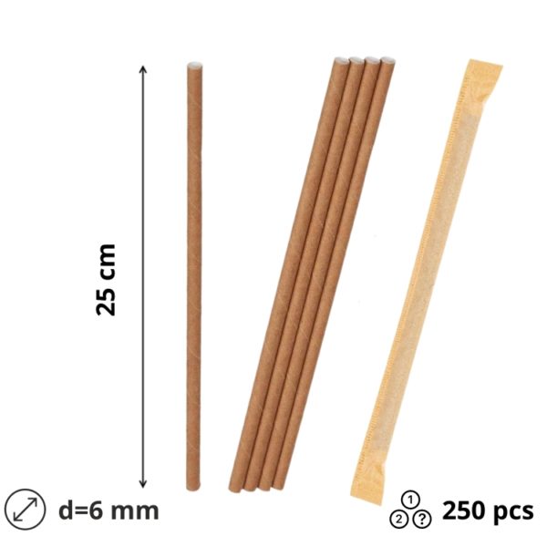 Slamice papirnate d=6 mm l=250 mm kraft posamično 250 kos/pak