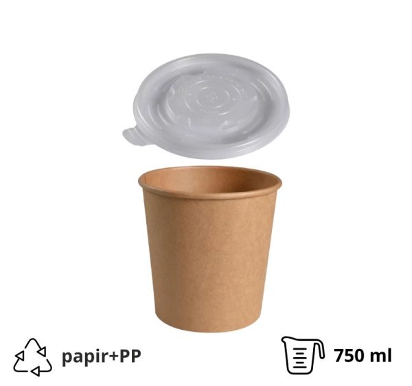 Posoda papirnata 750 ml d=115 mm h=113 mm, kraft, s pokrovom 50 kos (komplet)