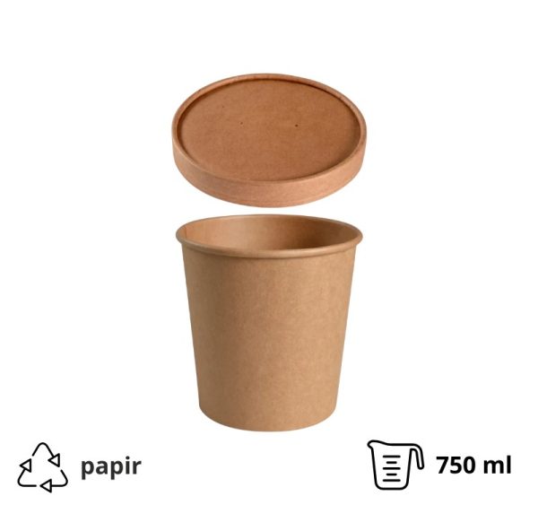Posoda papirnata 750 ml d=115 mm h=113 mm, kraft, s pokrovom 50 kos (komplet)
