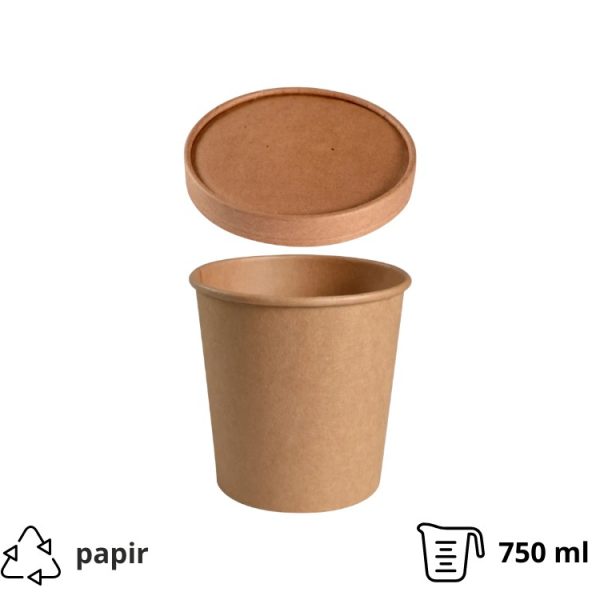 Posoda papirnata 750 ml d=115 mm h=113 mm, kraft, s pokrovom 50 kos (komplet)