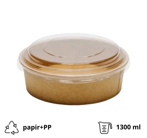 Papirnata posoda s pokrovom 1300 ml d=187 mm h=69 mm kraft, 50 kos (komplet)