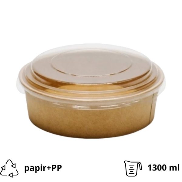 Papirnata posoda s pokrovom 1300 ml d=187 mm h=69 mm kraft, 50 kos (komplet)