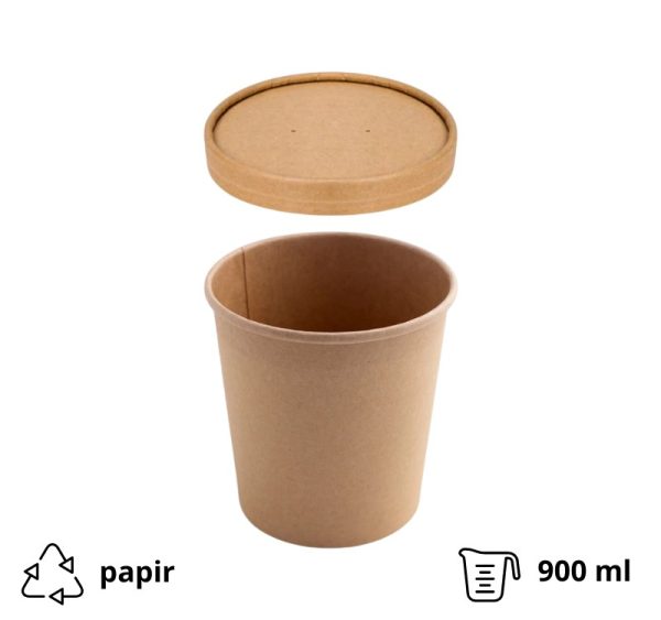 Papirnata posoda s pokrovom 900 ml d=115 mm h=135 mm, kraft, 50 kos (komplet)