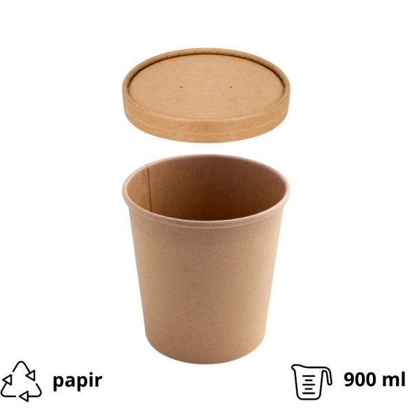 Papirnata posoda s pokrovom 900 ml d=115 mm h=135 mm, kraft, 50 kos (komplet)