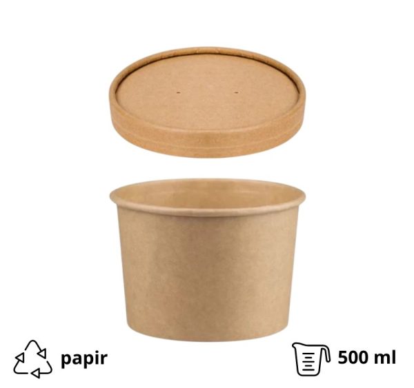 Papirnata posoda s pokrovom 500 ml d=115 mm h=78 mm, kraft, 50 kos (komplet)