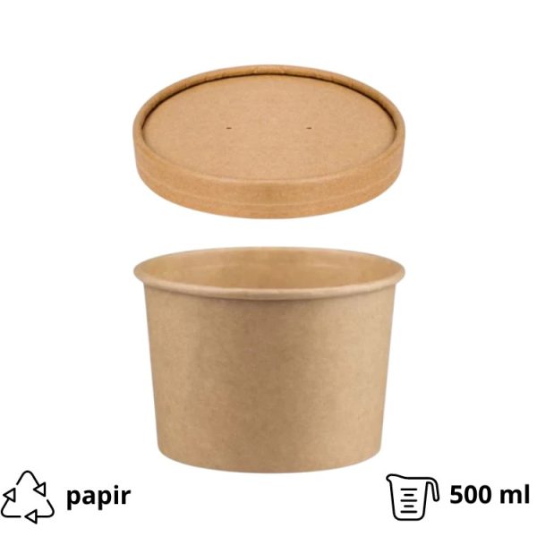 Papirnata posoda s pokrovom 500 ml d=115 mm h=78 mm, kraft, 50 kos (komplet)