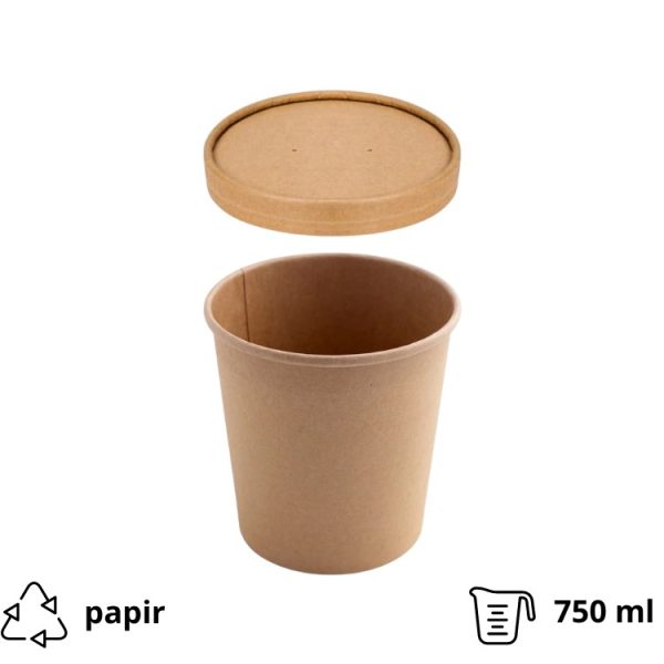 Papirnata posoda s pokrovom 750 ml d=115 mm h=116 mm, kraft, 50 kos (komplet)