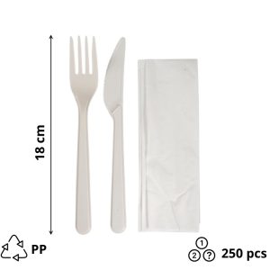 Komplet 3 PP (vilica, nož, servieta) 18cm 250 kos