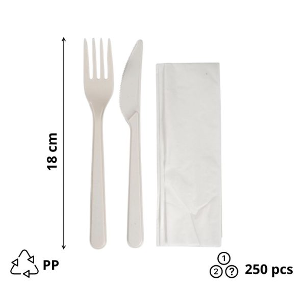 Komplet 3 PP (vilica, nož, servieta) 18cm 250 kos