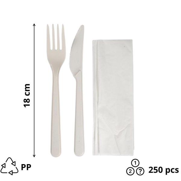 Komplet 3 PP (vilica, nož, servieta) 18cm 250 kos