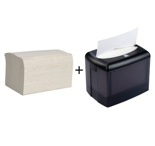 Papirnate serviete Interfold 2 sl 16,5х21,2 cm beli 200 l/pak + Podajalnik za sa papirnate serviete Interfold 12,9×18,3×14,3 cm (komplet)