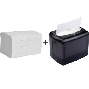 Papirnate serviete Interfold 2 sl 16,5х21,2 cm beli 200 l/pak + Podajalnik za sa papirnate serviete Interfold 12,9×18,3×14,3 cm (komplet)