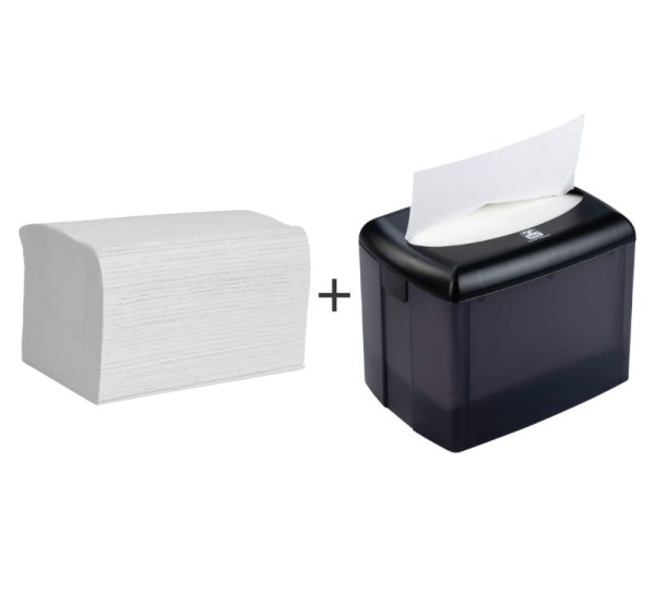 Papirnate serviete Interfold 2 sl 16,5х21,2 cm beli 200 l/pak + Podajalnik za sa papirnate serviete Interfold 12,9×18,3×14,3 cm (komplet)