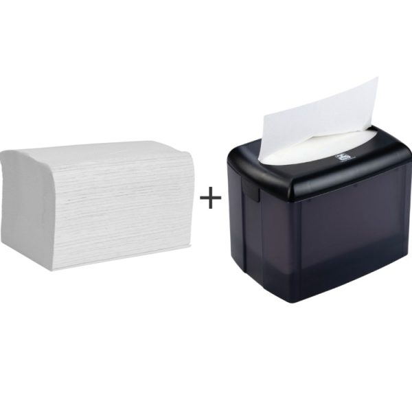 Papirnate serviete Interfold 2 sl 16,5х21,2 cm beli 200 l/pak + Podajalnik za sa papirnate serviete Interfold 12,9×18,3×14,3 cm (komplet)