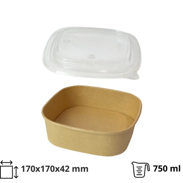 Papirnata posoda s pokrovom 750 ml 170х170х42 mm, kraft, 50 kos (komplet)