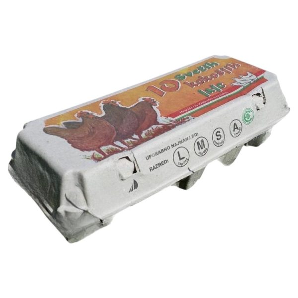 Embalaža za 10 jajc celulozni karton, siva s tiskom tri kure [120 kos/pak]