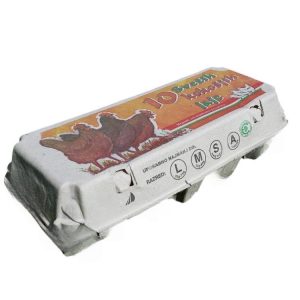 Embalaža za 10 jajc celulozni karton, siva s tiskom tri kure [120 kos/pak]