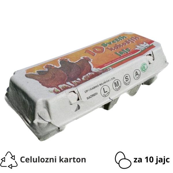 Embalaža za 10 jajc celulozni karton, siva s tiskom tri kure [120 kos/pak]