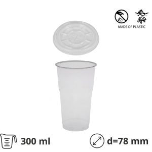 Kozarec rPet 300 ml prozoren z žigom s pokrovom d=78 mm 50 kos (komplet)