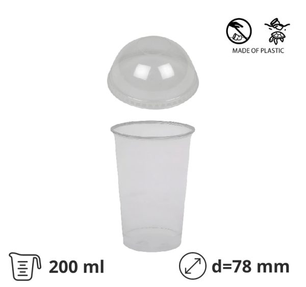 Kozarec rPet 200 ml prozoren z žigom s pokrovom d=78mm 50 kos (komplet)