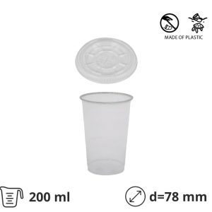 Kozarec rPet 200 ml prozoren z žigom s pokrovom d=78mm 50 kos (komplet)