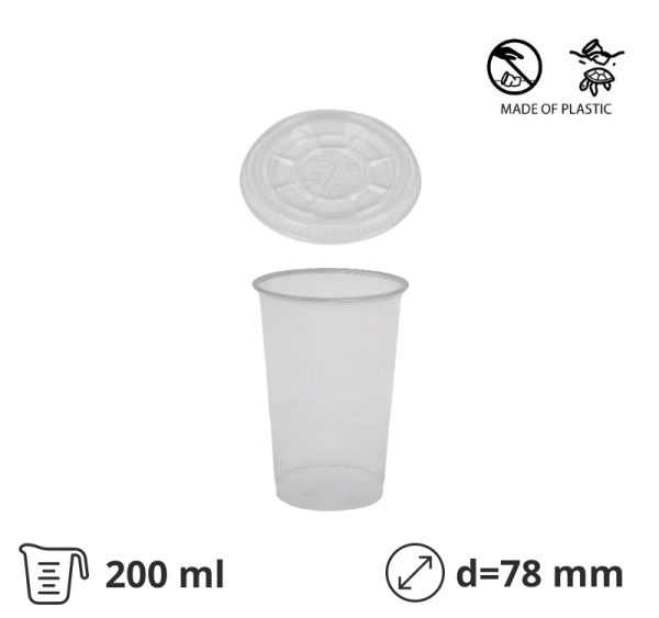 Kozarec rPet 200 ml prozoren z žigom s pokrovom d=78mm 50 kos (komplet)