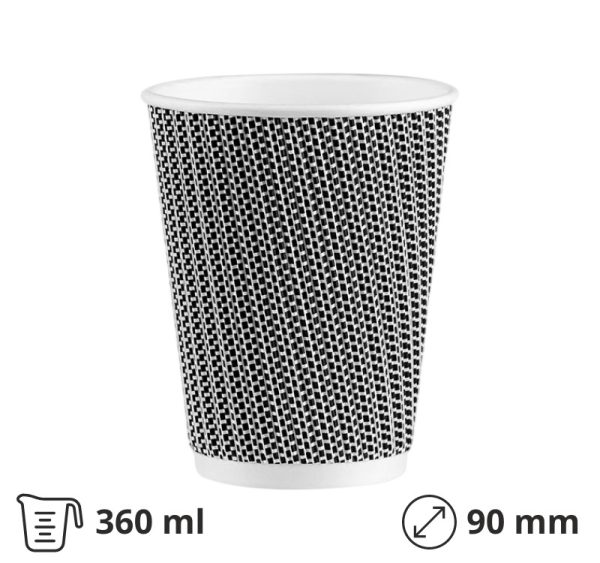 Papirnati kozarci 360 ml d=90 mm ripple črna/bela SUP, 25 kos