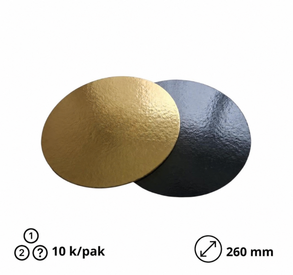 Podstavek okrogli za torto kartonasti d=260 mm h=3 mm črna/zlato [10 kos/pak]