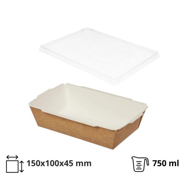 Papirnata posoda 750 ml 150x100x45 mm kraft s pokrovom 50 kos (komplet)