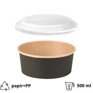 Papirnata posoda s pokrovom 500 ml d=150 mm črna/kraft 45 kos (komplet)