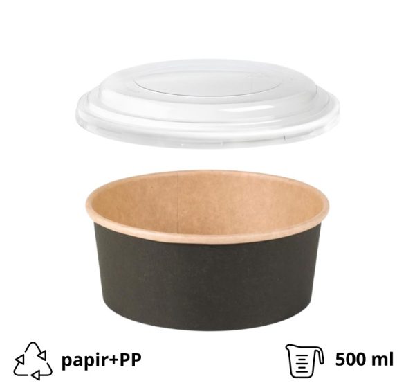 Papirnata posoda s pokrovom 500 ml d=150 mm črna/kraft 45 kos (komplet)