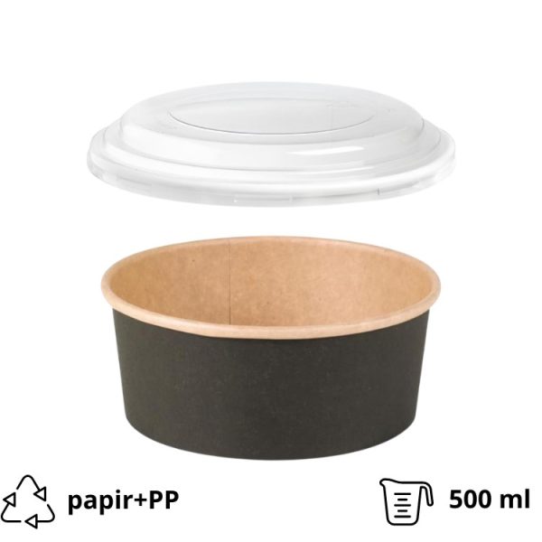 Papirnata posoda s pokrovom 500 ml d=150 mm črna/kraft 45 kos (komplet)