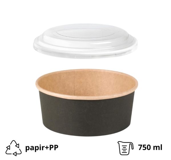 Papirnata posoda s PP pokrovom 750 ml d=150 mm črna/kraft 45 kos (komplet)
