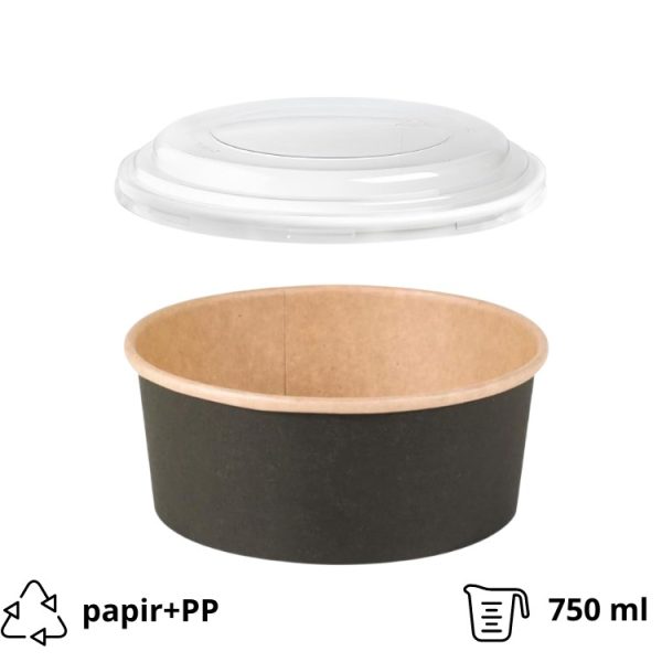 Papirnata posoda s PP pokrovom 750 ml d=150 mm črna/kraft 45 kos (komplet)
