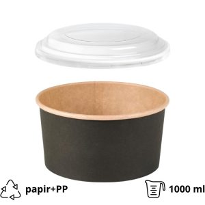 Papirnata posoda s PP pokrovom 1000 ml d=150 mm črna/kraft 45 kos (komplet)