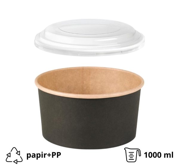 Papirnata posoda s PP pokrovom 1000 ml d=150 mm črna/kraft 45 kos (komplet)