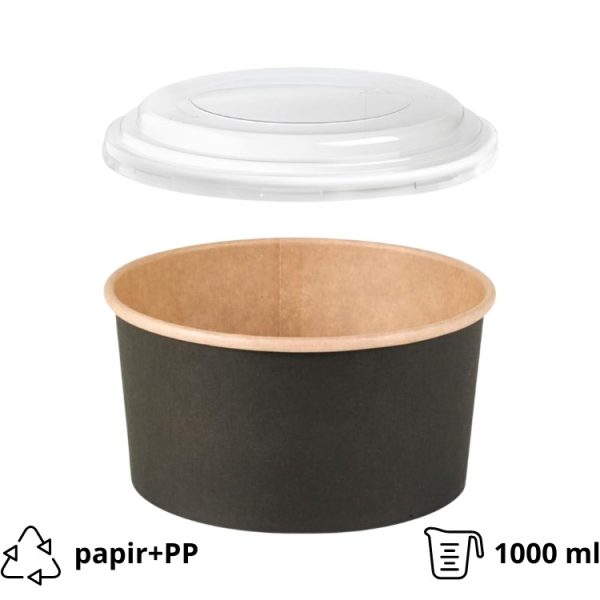 Papirnata posoda s PP pokrovom 1000 ml d=150 mm črna/kraft 45 kos (komplet)