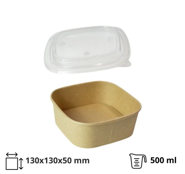 Papirnata posoda s PP pokrovom 500 ml 130х130х50 mm, kraft, 50 kos (komplet)