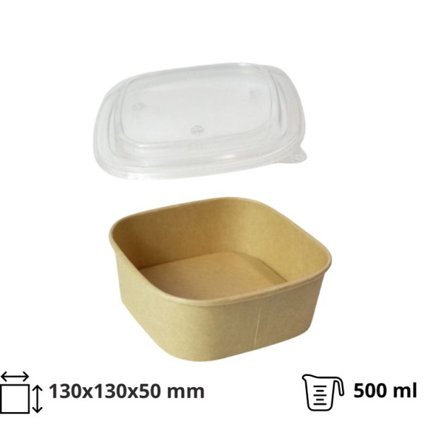 Papirnata posoda s PP pokrovom 500 ml 130х130х50 mm, kraft, 50 kos (komplet)